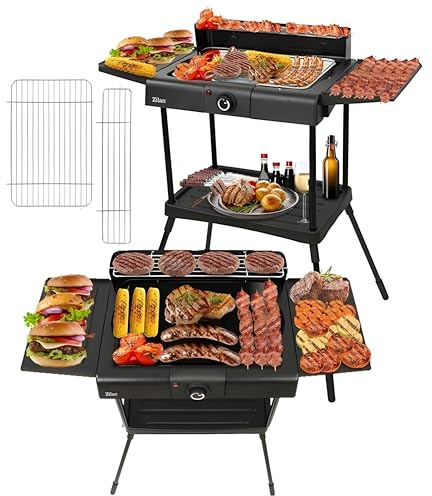 Barbecue électrique 2 en 1 - 2 400 W - Barbecue électrique pour balcon, extérieur et intérieur avec pied - Grandes surfaces de cuisson - Régulateur de température en continu