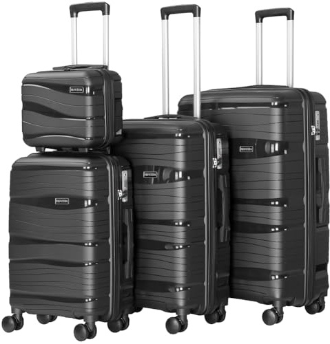 PROVITERA Set 4 Valigie Rigide con Beauty Case in Polipropilene Ultra Resistente agli Urti, Trolley Manico Telescopico e Ruote Easy Roll, Serratura Codice Rinforzata e Design Moderno (Black)