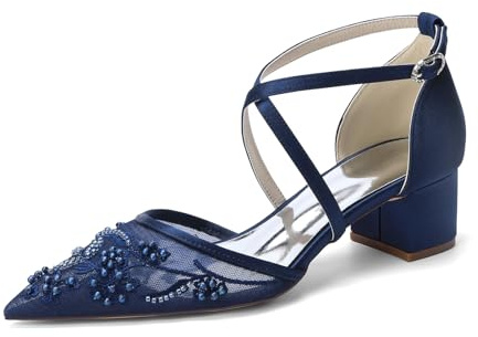 Genérico Zapatos de Novia Mujer con Encaje Mesh y satén 4,5cm tacón Bloque Punta Fina Tiras Cruzadas Adorno perles Cuero sintético Zapatos de Boda para Novia Damas de Honor,Azul,38 EU