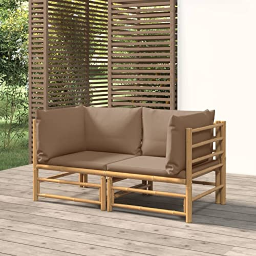 YunCangg Sofá de esquina de jardín de bambú con cojines de color topo, 2 unidades, resistente a la intemperie, juego de muebles para terraza, balcón, exterior, ahorro de espacio, cómodo grupo de