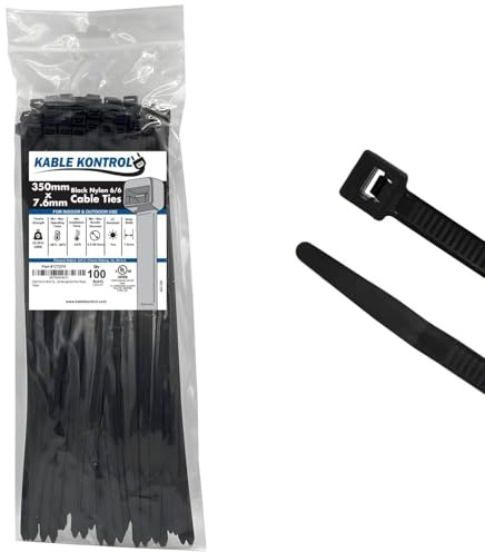 Kable Kontrol Cable Zip Ties, 14 Inch, 100 Pcs, HD 120lbs Test, Black