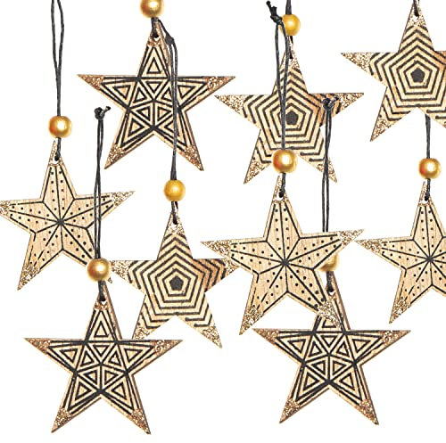 Logbuch-Verlag 9 Holzsterne Sterne Anhänger Sternanhänger schwarz Gold Natur Weihnachten Christbaumanhänger Baumschmuck Deko