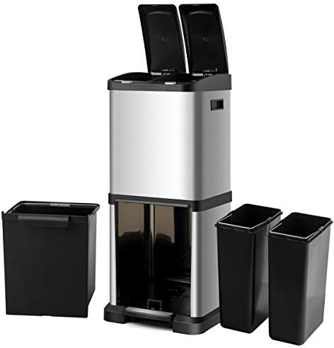 TANGZON Recycling Pedal Bin, 3 Compartments Vertical Trash Can with Soft-Close Lids, Plastic Inner Buckets & Handles, 32L Stainless Steel Fingerprint Proof Waste Separation Kitchen Bin