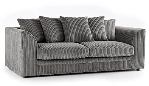 New Luxor Grey Fabric 3 Seater Sofa | Jumbo Cord Scatter Back Settee (Grey, 3 Seater)
