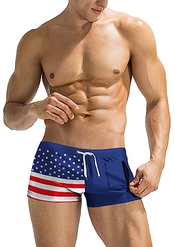 COOFANDY Mens Swim Briefs Square Cut Swim Trunk Swimming Short American Flag Swimwear Boardshort with Pocket