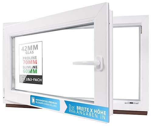 Kellerfenster Kunststofffenster weiß, BxH: 65 x 40 cm / 650 x 400 mm 2-fach Verglasung (32 mm) Dreh-Kipp inkl. Pilzkopfverriegelung, DIN Rechts (Griff Links), 60 mm Profil