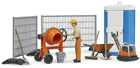 bruder 62008 - Bworld Baustellenset mit Bauarbeiter, Rüttelplatte, Mischmaschine, WC, Baustellenzaun - Zubehör Baustelle, Straßenbau, Baufahrzeuge