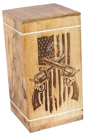 HIND HANDICRAFTS Urne funéraire en bois gravée à la main pour cendres humaines pour adulte – Urne funéraire pour cendres – Urne funéraire pour Columbarium – Boîte funéraire (deux croix de fusil, 113,4