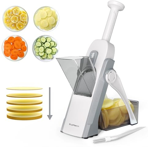 SupMaKin Mandoline de Cuisine Safety Slicer Manuelle Multifonction Tous Coupe Légumes Lame en acier inoxydable, Julienne, Cubes, Fcoupe Patate Frite carotte,Euroshopping ((juste trancher) Gris)