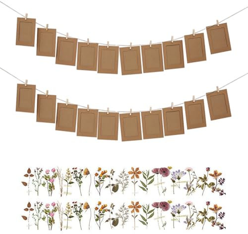 ZBHDEYG Set di 42 Cornici in Carta, 40 Adesivi Floreali con Clip per Spago, Portafoto per Album Fotografici, Fai da Te in Carta Kraft