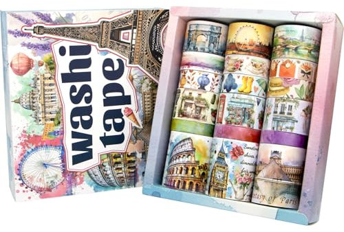 Forwaarss 18 Rollen Washi Tape Set - Vintage Scenic Architecture Theme Dekorative Masking Tape Farbige Muster, Vintage Adhesive Artists Tapes