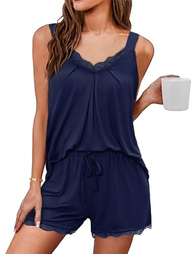 Uniexcosm Pyjama D'Été Sexy pour Femme Pyjama Court Femme Pigiama Di Cotone Donna Cravate en V avec Dentelle Bleu Marine L