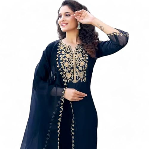 RangMahal - Set di pantaloni kurta indiani fatti a mano, in puro cotone, ricamati, da donna, Blu, Small