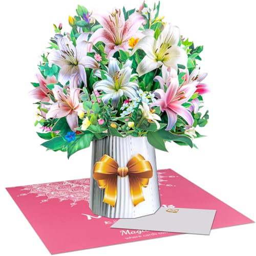 Tarjeta desplegable de lirios | Ramo floral 3D con lirios blancos, rosas y naranjas | para el día de la madre, cumpleaños, aniversarios | elegante tarjeta de felicitación con jarrón de papel blanco y