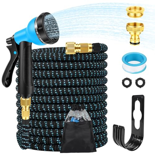 Gaethra Tuyau d'arrosage Extensible 30M, Tuyaux d'arrosage Flexible 100FT, Tuyau Arrosage Extensible avec Pistolet 8 Fonctions et 1/2'' et 3/4'' Adaptateurs pour Irrigation du Jardin, Bleu