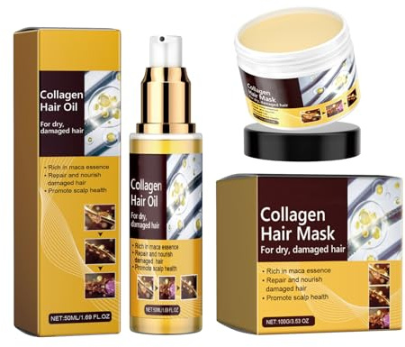 2pcs Cuidado del cabello con Colágeno, 50ml Aceites de Tratamiento Capilar y 100g Mascarilla Capilar, Hidrata en profundidad, Mejora la sequedad y las puntas abiertas,shampoo