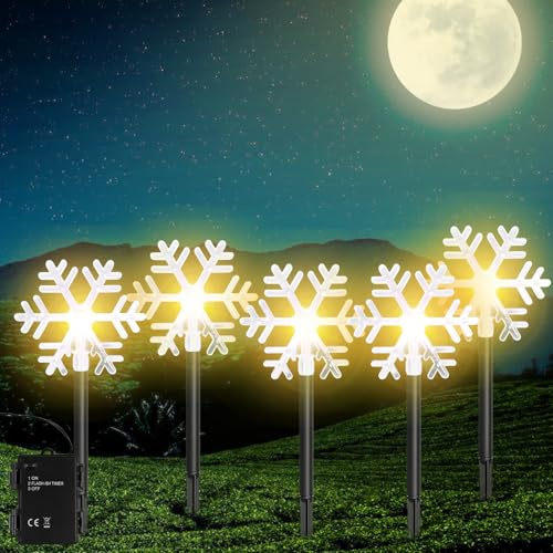Leikurvo 5 stycken LED-snöflingor, julbelysning, batteridriven utomhusbelysning, julbelysning, varmt ljus, juldekoration för trädgård, träd, utomhus, terrass