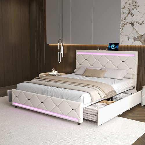Livlux - Cama de 140 x 200 cm con somier LED y USB, cama doble acolchada con 4 cajones, almacenamiento y ajustable cabecera, cama para 2 personas para adultos y adolescentes (blanco A, 140 x 200 cm)