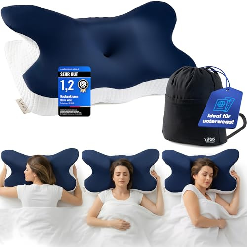 Home Vibez® Memory-Schaum Nackenkissen, lindert Nacken- & Schulterschmerzen, Ergonomisches Design, Orthopädisches HWS-Kopfkisssen mit kühlendem Bezug für alle Schlafpositionen, inkl. Reisetasche