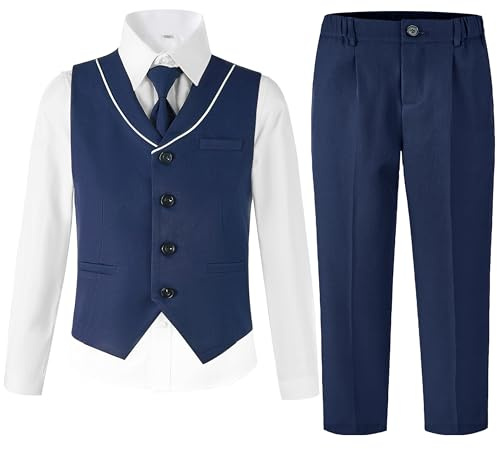 LOLANTA 4 Piece Boys Navy Waistcoat Suit, Page Boy Wedding Outfit, Formal Waistcoat Trousers Set(11-12 Yrs, Navy, Tag Size 160)