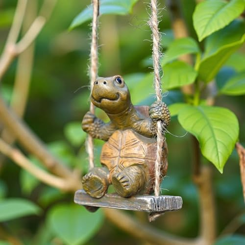 Ferakum Schwingen Schildkröte Dekofigur Tierfigur Gartenfigur,Hängendes Teichfigur Miniteich Deko,Gartendeko Schaukel Turtle Figuren,Gartenfiguren für Garten Balkon Terrasse Gartenteich Teichdeko