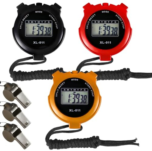 Sports Stopwatch Timer Set, Digital Stop Watches and Stainless Steel Whistle, Water Resistant Referee Stop Watch Handheld Timer for Swimming Running Sports Training