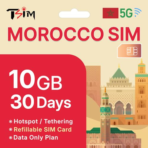 Tarjeta SIM TSIM Marruecos 30 Días | 10 GB de Datos de Alta Velocidad en 5G/4G/LTE (Compartir Datos Permitido) | Activación Automática | Sin Límite en la Velocidad de Datos | ¡Nueva Tarjeta SIM 5G