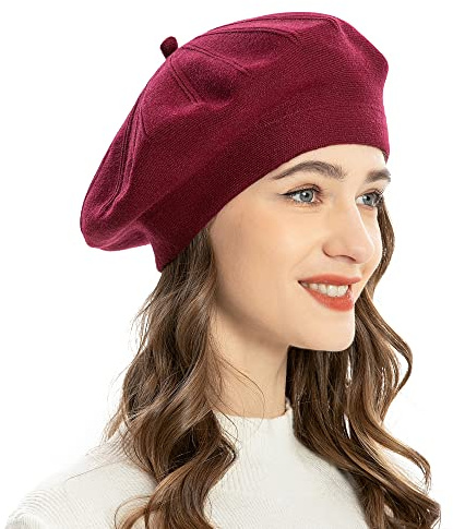ZLYC Damen Kaschmir Baskenmütze Klassische Französischen Barett Einfarbig Warm Beret (Burgunderfarben),Einheitsgröße