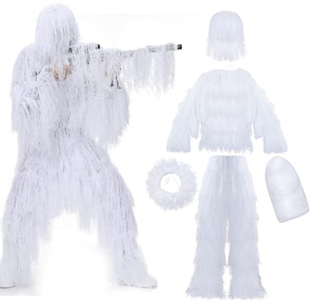 Snow Camo Ghillie Suit for Men Hunting, Airsoft Gilly Suit Hooded Gilley Suits Youth, Camouflage Hunting Outfit for Men in Fall Winter (Snow Camo)