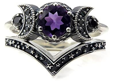 Hecate Triple Moon Ring Set, Amatista o Red Crystal Compromiso Boda Anillo negro para mujer Moon Goddess Jewelry Boho Gothic Aniversario Regalo (7, B)