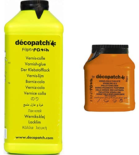 Décopatch PP600AO - Un pot de Vernis colle PaperPatch 600 ml & Décopatch PP150PAILO - Un pot de Vernis colle Pailleté PaperPatch 180g