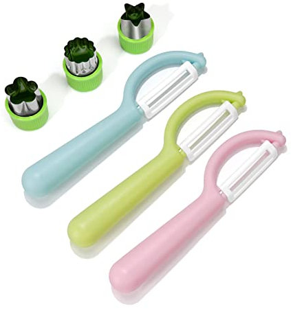 Kinderschäler 6-teiliges Set zum Schneiden von Obst, Gemüse und mehr mit leicht zu greifenden Griffen und sicher für die Hände, einschließlich grünem Keksausstecher, Kinder Gemüseschäler