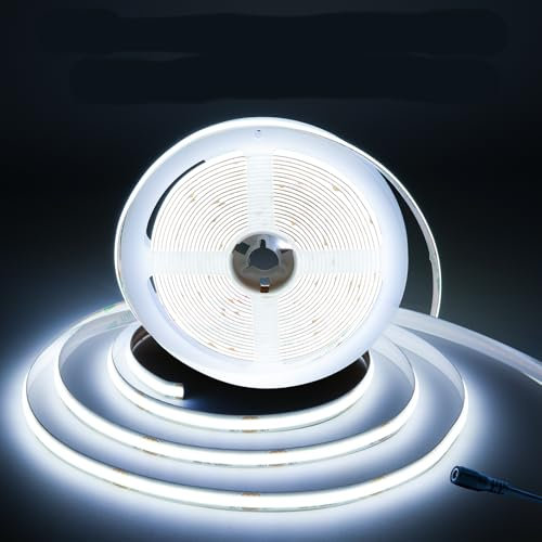 GIDEALED 24V COB LED Strip Light 6000K 2400 LEDs Super Bright White Strip Lights,CRI 90 Flexible FCOB Strip for Under Cabinet Ambiance Lighting,Cool White Lights Strip 16.4ft Only