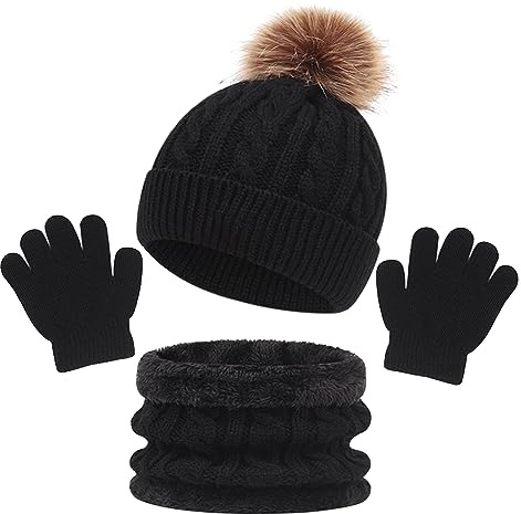 Bonnet Écharpe Gants Ensemble, Filles Garcons Hiver Chaud Tricoté Chapeau avec Pompon Doux Polaire Doublure Tour de Cou Gants 3 en 1, Enfant 2-8 Ans Épaissir Accessoires Hiver Set