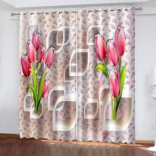 Skcess Vorhang Schlafzimmer, Vorhang Grau Rosa Grün Lotus und Getrocknete Garnelen Nach Chinesischer Art Vorhang Polyester Gardinen 2er Set 107x244cm(WxH)