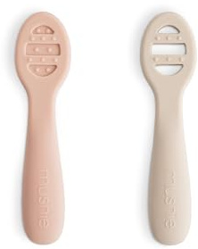 Mushie First Feeding Baby Spoons | BPA-Free Silicone Learning Spoons 2-Pack | Dishwasher Safe Durable Toddler Utensils | Blush/Shifting Sand