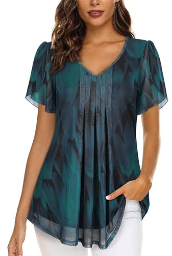 Womens Blouses V Neck Ladies Tops Petal Short Sleeve Chiffon Top | Double Layers Mesh Tunic Tops Casual Shirts