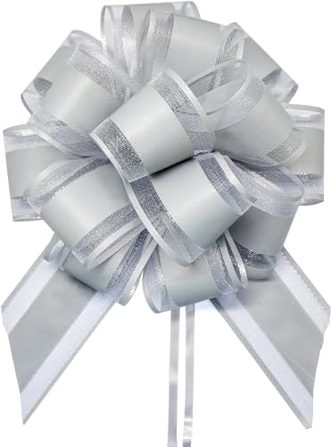 FQTANJU 5 PCS 6 inches Large Pull Bows, Bow for Gift Wrapping, Ribbon Bows for Wedding Christmas Birthday Party Gift Baskets or Valentine's Day Flower Gift Boxes Decoration (Silver)