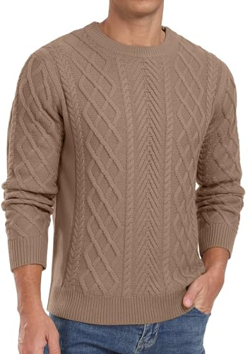 QIXING Men's Jumpers Cable Knit Crew Neck Long Sleeve Thick Sweaters for Men UK Fisherman Textured Soft Knit Casual Pullover (C Khaki, L)