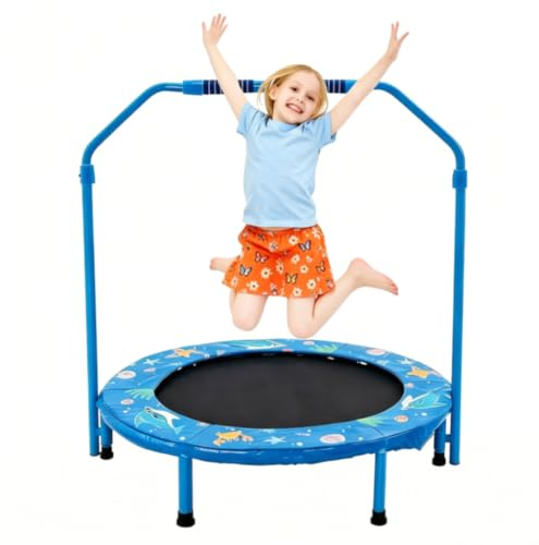 Trampolín para Niños 92cm Plegable con Mango Ajustable y Cubierta de Seguridad - Mini Reboteador Interior/Exterior para Edades 3-6 (90kg Máx)