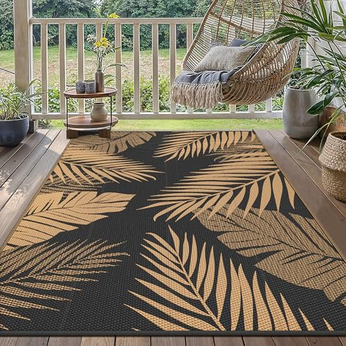 GENIMO Outdoor Rug 120x180cm – Waterproof Reversible Garden Rug, Washable UV Resistant Plastic Carpet for Patio, Balcony, RV, Picnic, Backyard – Black & Brown