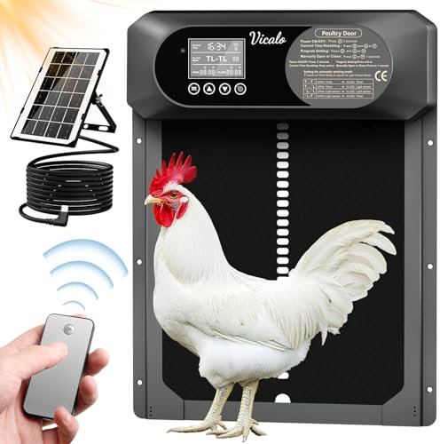 Vicalo Automatische Hühnerklappe Solar mit Wasserdicht LCD Display, Lichtsensor, Timer, Fernbedienung, Manuell, Intelligenter Einklemmschutz