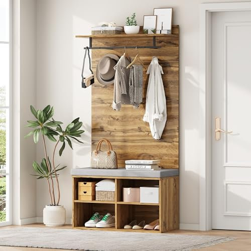 ModernLuxe Garderoben-Set in Holzoptik Eingangsschrank Wandgarderobe mit Schuhbank, verstellbarem Regal, Kleiderstange und Polster – Platzsparende Flurmöbel, 84 x 32 x 175 cm Holzfarbe