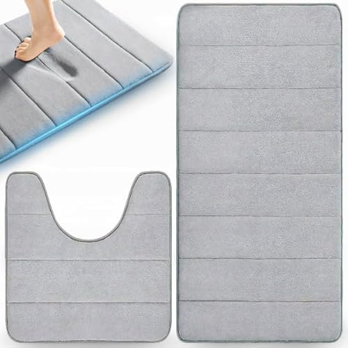 Retoo Badezimmerteppich Set 2 Teilig, mit Memory-Schaum, Badematten aus Mikrofaser rutschfest absorbierender und schnelltrocknende, Teppich für Badezimmer, WC, Deko, waschbar, Grau