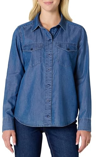 Amazon Essentials Camisa de Manga Larga con Botones de Cambray de Mezclilla de Ajuste Holgado para Mujer, Lavado Medio clásico, Talla XL