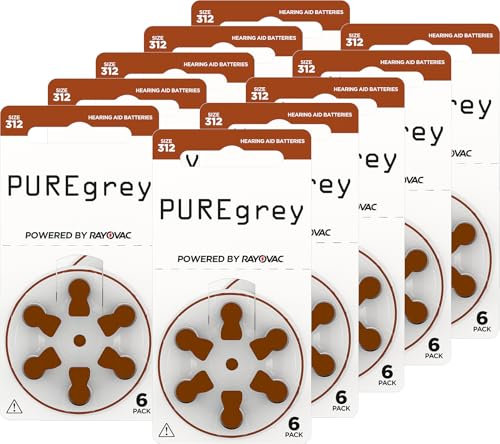 PUREgrey Hörgerätebatterien Typ 312-60 Stück Hörgeräte Batterien konzipiert für höchste Leistung – Pack mit 10 Blistern à 6 Hörgerätebatterien – PR41 Farbcode braun 1,45 Volt