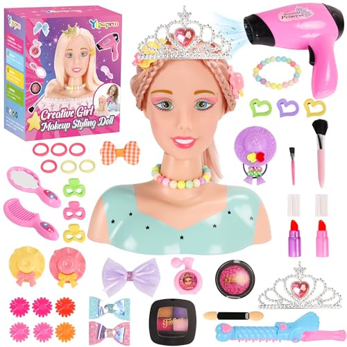 41PCS Deluxe Hair Styling Doll Head for Girl Makeup Head for Kids Pretend Play Hair Salon Toy for Beauty Stylist with Crown Hairdryer Curling Iron Hairpins Powder Lipstick Kit Birthday Gift Toddler 8+