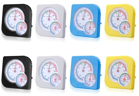 Termoigrometro analogico GOEDCH 8 pezzi: termometro igrometro 2 in 1 7,5 x 7,5 cm, termoigrometro con quadrante, termometro analogico per interni/esterni per case e serre