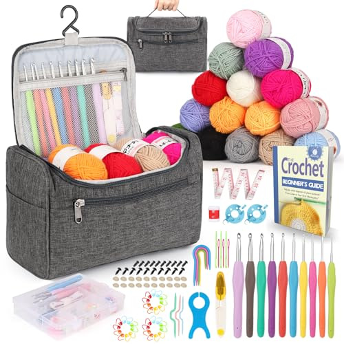 Reessy Crochet Kits for Beginners Adults, Crochet Kit include Instructions 10 Size Crochet Hooks 15Pcs×25g Yarn Storage Bag and Crochet Accessories, Complete Beginners Crochet Kit - Grey