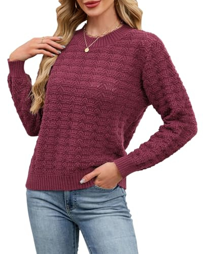 Quatrefox Jumpers Sweaters Women Fall Winter Jumper Long Sleeve Knitted Pullover Ladies Crew Neck Wavy Knit Tops Casual Loose Fit Knitwear Sweaters (Wine Red, XL)